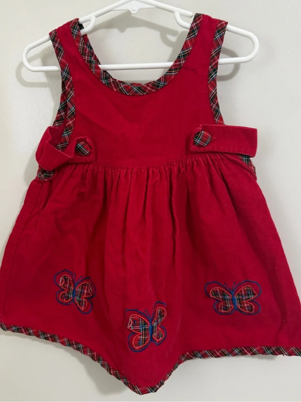 Rare Editions Red Girls Pinafore with Plaid Trim Butterflies Corduroy